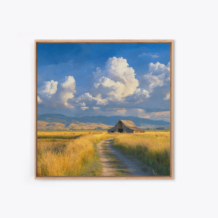 Golden Field Barn Country Landscape Wall Art, Blue Sky Farmhouse Canvas Print, Rustic Country Home Decor For Kitchen Or Living Room