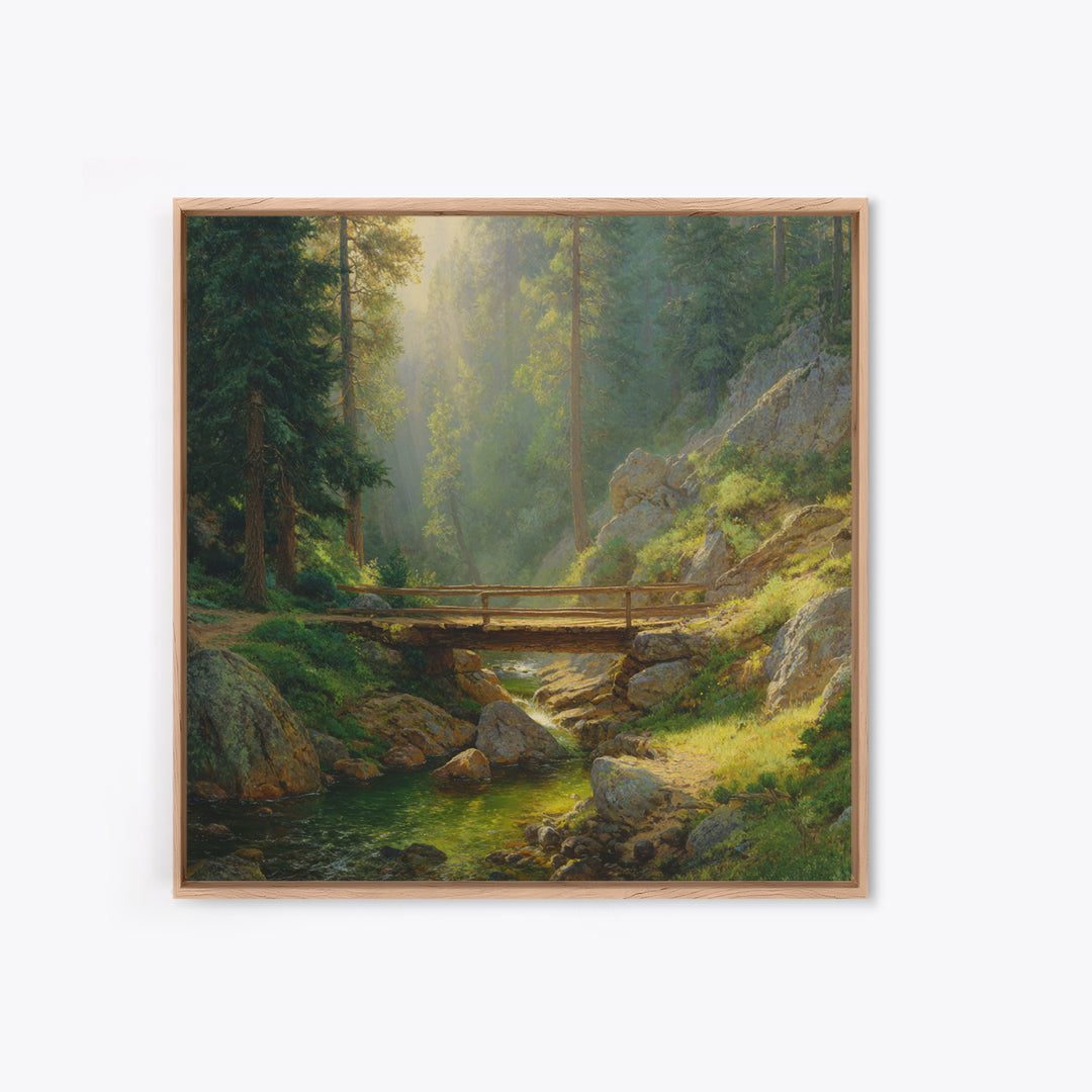 Sunlit Forest Bridge Landscape Wall Art, Tranquil Nature Print, Calming Green Decor, Rustic Country Artwork For Living Room Or Bedroom
