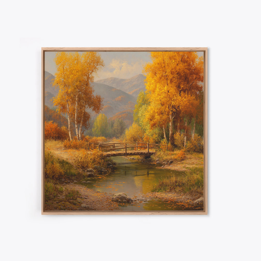 Autumn Forest Bridge Landscape Wall Art, Rustic Country Stream Canvas Print, Cozy Fall Home Decor, Living Room Wall Art