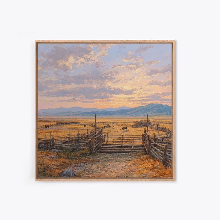Sunset Cattle Ranch Landscape Painting Wall Art, Rustic Western Pasture Print, Country Farmhouse Living Room Decor