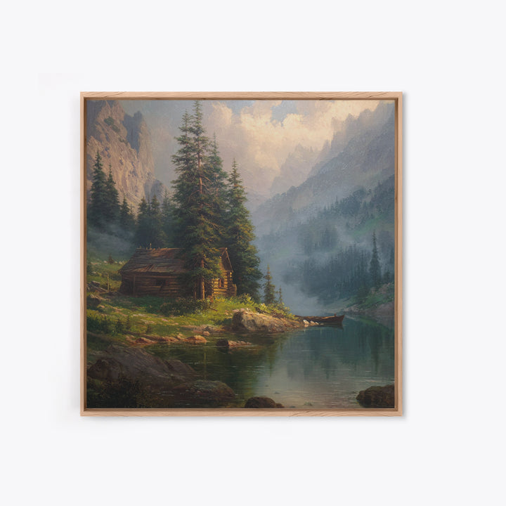 Mountain Cabin Lake Sunset Landscape Wall Art Rustic Nature Painting Home Decor Living Room Decor Canvas Print