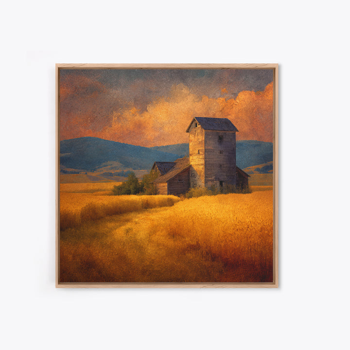 Rustic Barn In Golden Field Landscape Wall Art, Country Sunset Canvas Print, Farmhouse Home Decor Artwork