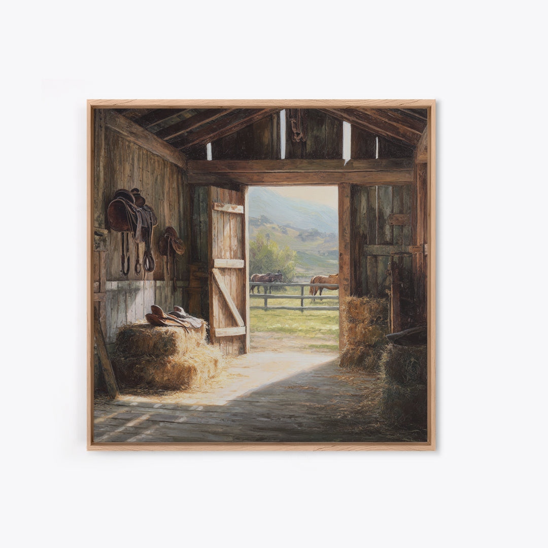 Rustic Horse Barn Interior Wall Art Country Farmhouse Decor Warm Sunlit Stable Landscape Print For Entryway Or Living Room