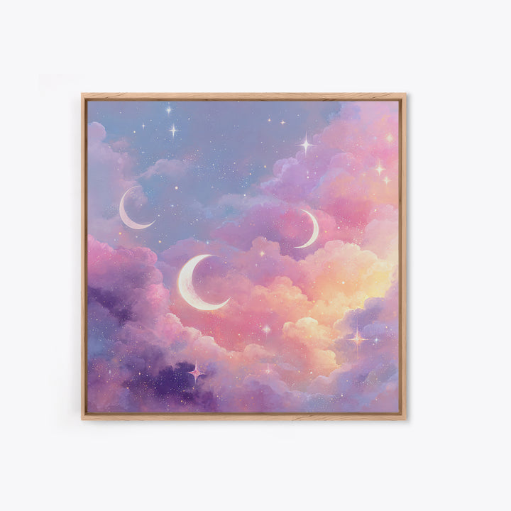 Pastel Crescent Moons In Dreamy Clouds Canvas Print, Celestial Wall Art, Whimsical Nursery Decor, Girls Room Decor, Space Art