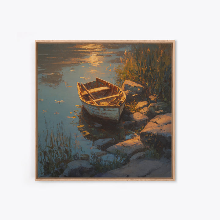 Rowboat On Golden Lake Wall Art, Tranquil Lakeside Landscape Canvas Print, Rustic Cabin Decor, Peaceful Nature Bedroom Wall Art