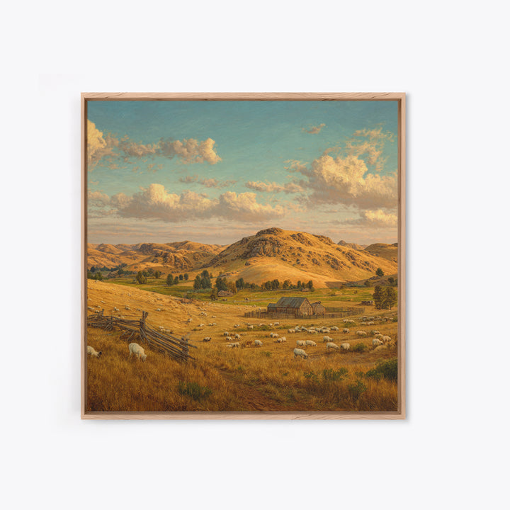Golden Farm Landscape Wall Art, Rustic Country Pasture With Sheep, Large Wall Art Canvas Print For Farmhouse Home Decor