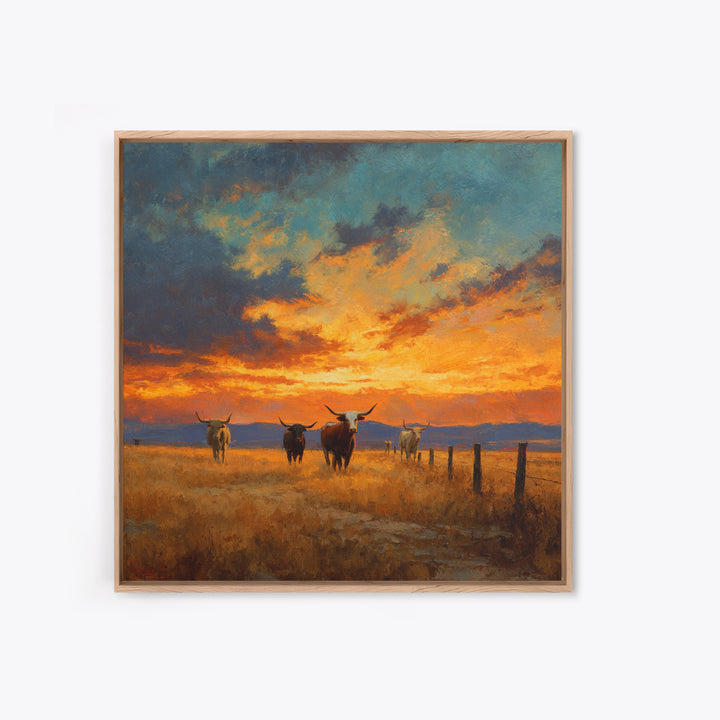 Longhorn Cattle At Sunset Western Landscape Wall Art, Rustic Ranch Canvas Print, Modern Cowboy Home Decor