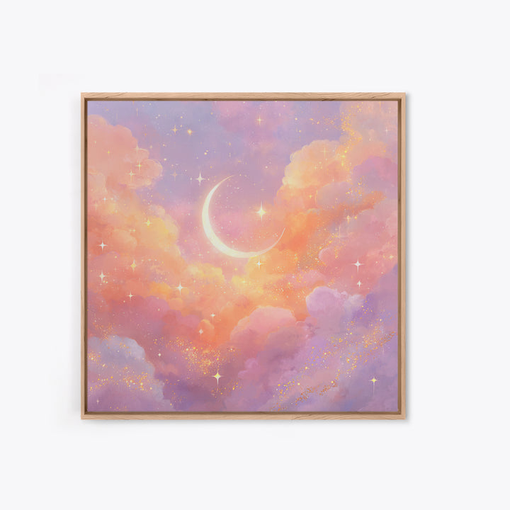 Glowing Crescent Moon Clouds Wall Art, Pastel Celestial Nursery Decor, Pink Bedroom Art, Dreamy Space Print, Girls Room Decor