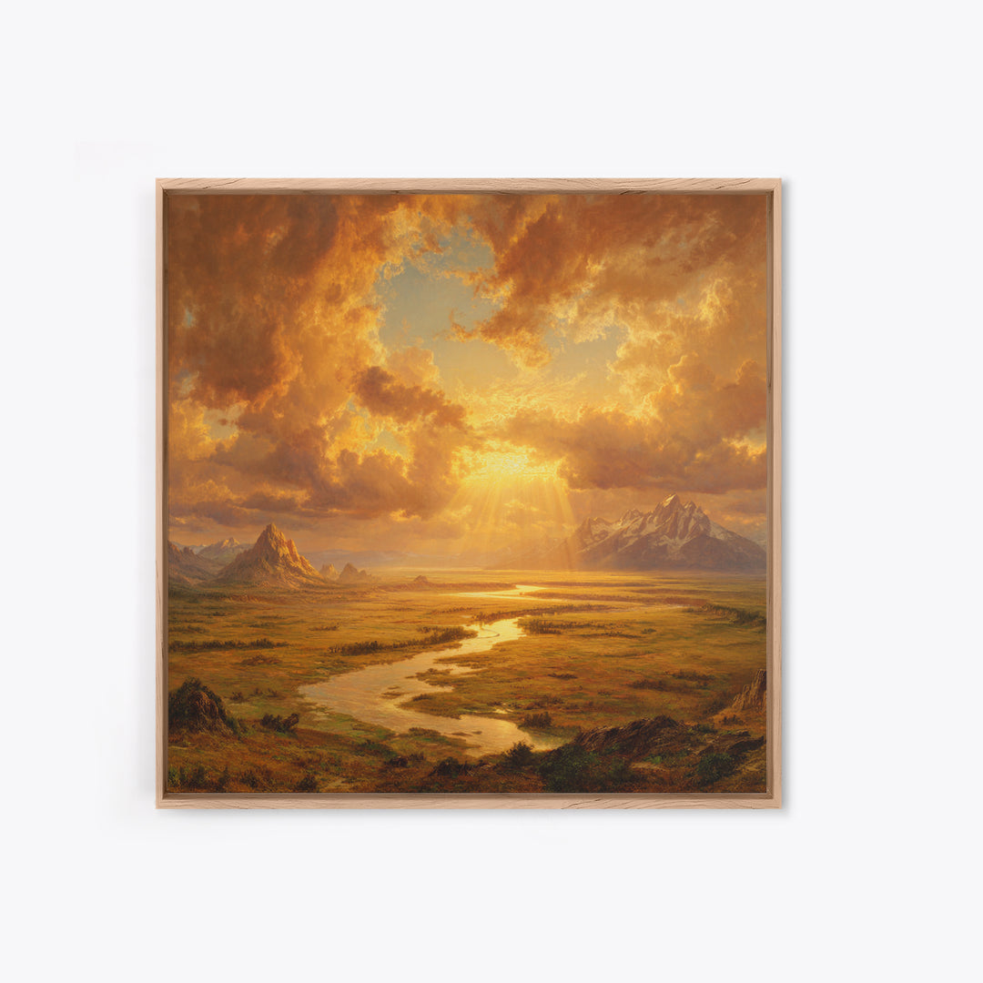 Golden Sunset River Valley Landscape Wall Art, Warm Mountain Print, Rustic Country Decor For Living Room Wall Art