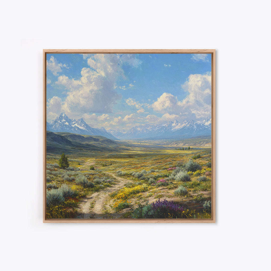 Wide Mountain Valley Wildflower Landscape Wall Art, Country Scenic Canvas Print For Rustic Farmhouse Decor