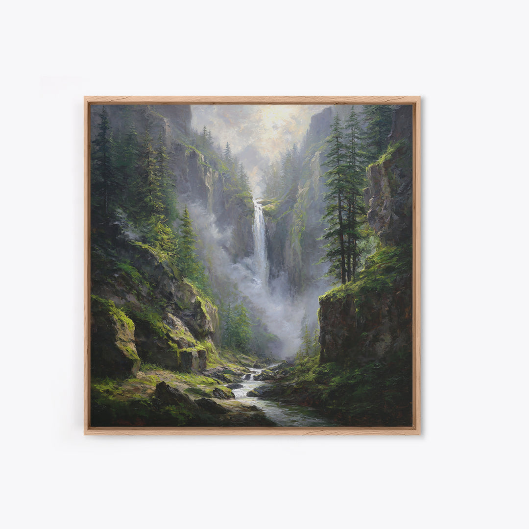Majestic Mountain Waterfall Forest Landscape Wall Art, Serene Nature Canvas Print For Rustic Cabin Decor
