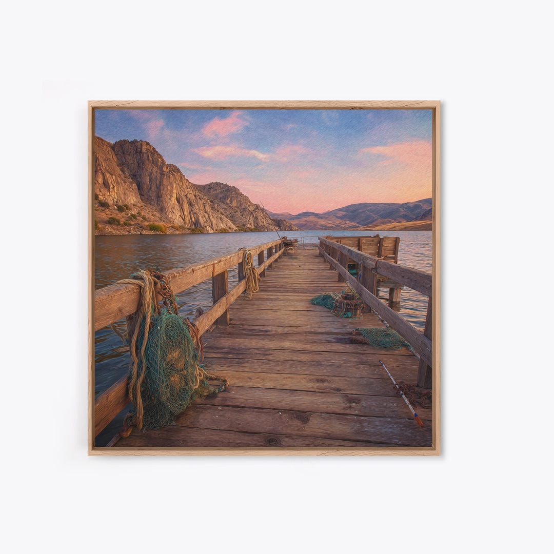 Rustic Fishing Pier At Sunset Canvas Print, Mountain Lake Landscape Wall Art, Cozy Cabin Decor For Lake House Or Living Room
