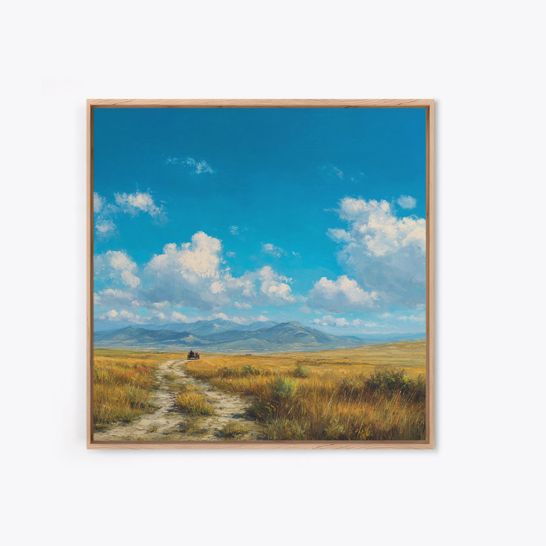 Golden Prairie Wagon Landscape Wall Art, Western Country Sunset Painting, Rustic Home Decor, Large Modern Art Print Canvas
