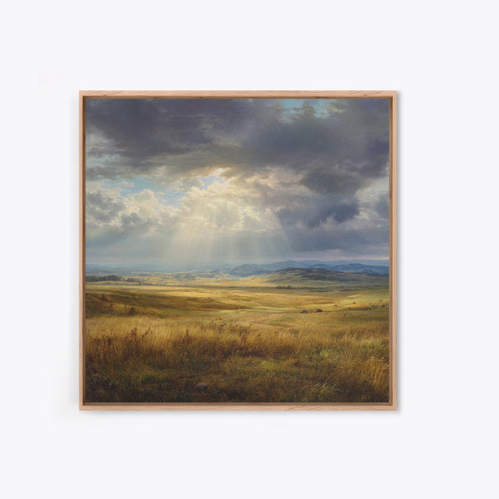 Sun Rays Over Golden Prairie Wall Art, Dramatic Western Landscape Canvas Print, Rustic Country Decor, Large Nature Living Room Art