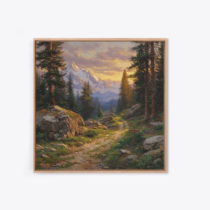 Mountain Forest Path At Sunset Wall Art, Tranquil Landscape Canvas Print For Rustic Cabin Or Living Room Home Decor