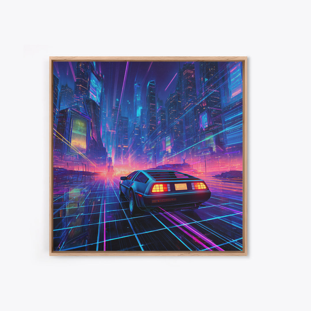 Retro Futuristic Car In Neon Cityscape Wall Art, Cyberpunk Sci Fi Canvas Print, Gaming Room Decor Modern Art