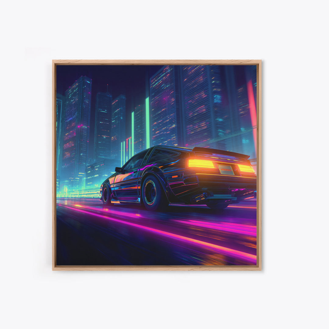 Neon Cyberpunk Sports Car Night Cityscape Wall Art Futuristic Sci Fi Urban Decor Gaming Room Canvas Print For Cool Office