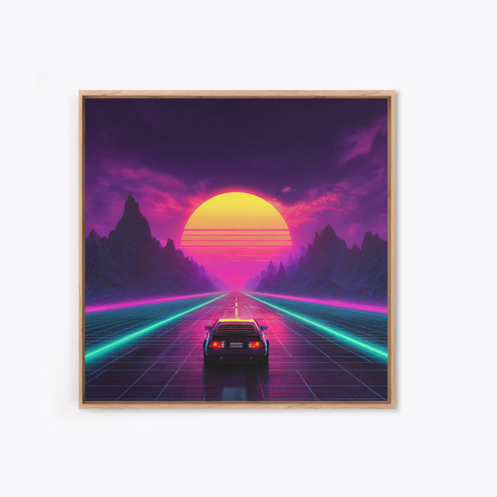 Retro Synthwave Sunset Highway Wall Art, Neon Car Landscape Canvas Print, Cyberpunk Futuristic Decor, Gaming Room Wall Art