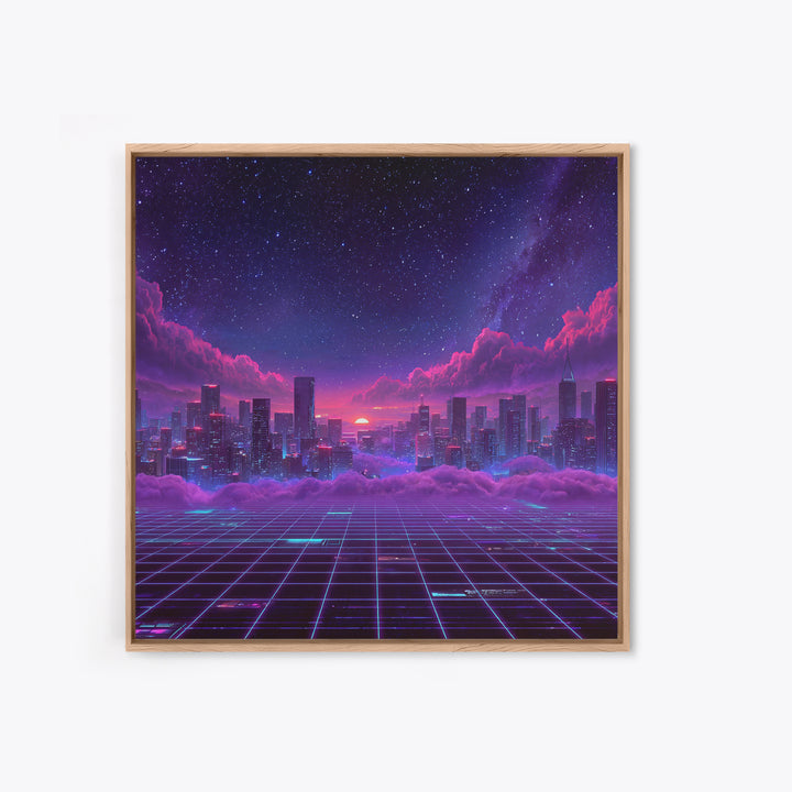 Neon Retro Futuristic Cityscape Wall Art, Vaporwave Sunset Skyline Canvas Print, Cyberpunk Room Decor, Gaming Office Artwork