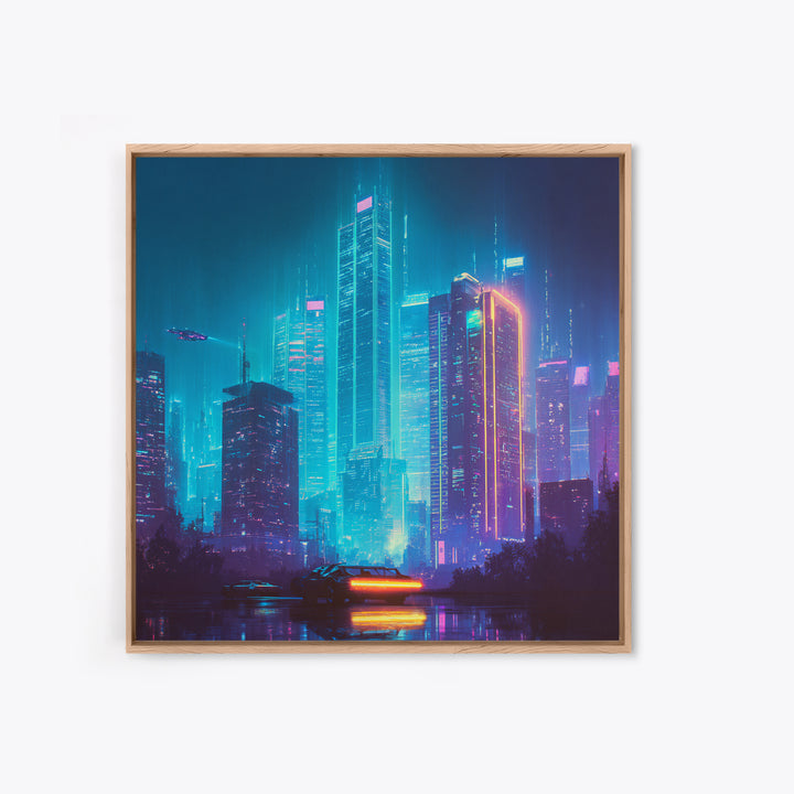 Cyberpunk Neon Cityscape At Night Wall Art, Futuristic Skyline Canvas Print, Retro Wave Room Decor, Gaming Home Decor