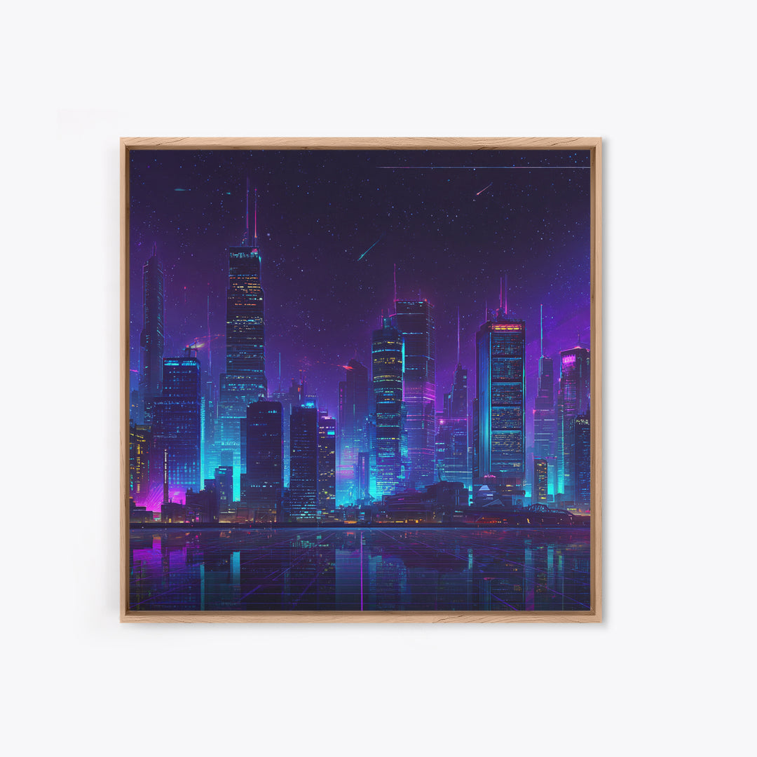 Neon Cyberpunk City Skyline Wall Art, Futuristic Nightscape Canvas Print, Sci Fi Gaming Room Decor, Vaporwave Wall Art