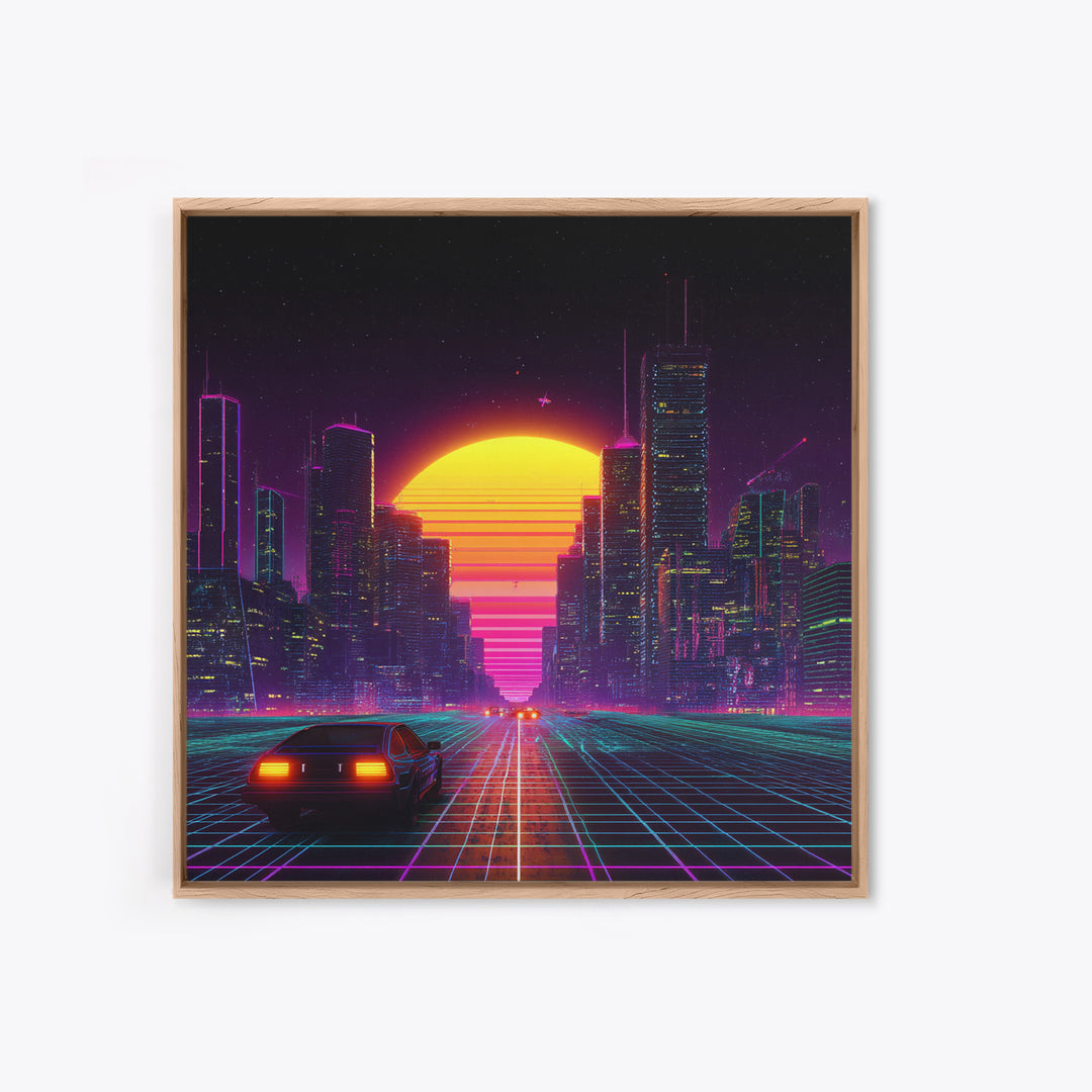 Retro Futuristic City Neon Sunset Car Driving 80s Vaporwave Wall Art Canvas Print Cyberpunk Decor Gaming Room Wall Art
