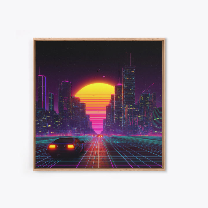 Retro Futuristic City Neon Sunset Car Driving 80s Vaporwave Wall Art Canvas Print Cyberpunk Decor Gaming Room Wall Art