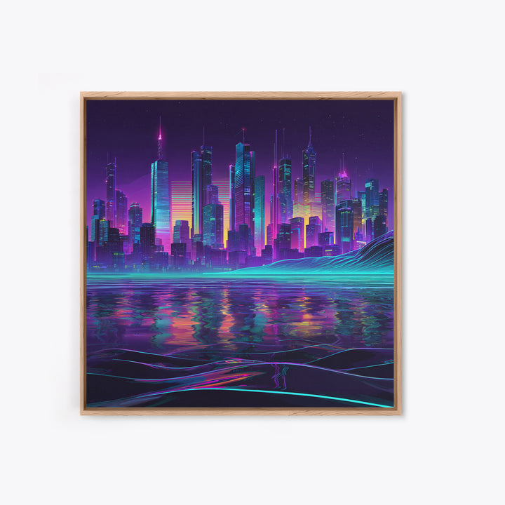 Neon Futuristic City Skyline At Night Wall Art Cyberpunk Landscape Canvas Print Modern Urban Home Decor Gaming Room Artwork