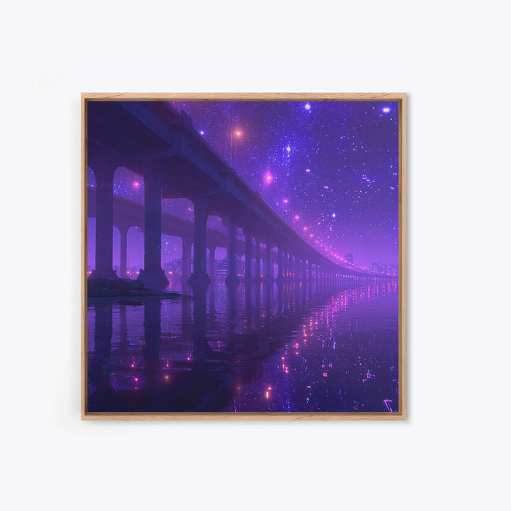 Neon Bridge At Night Over Water Wall Art, Dreamy Purple Cityscape Print, Modern Coastal Home Decor Canvas Print