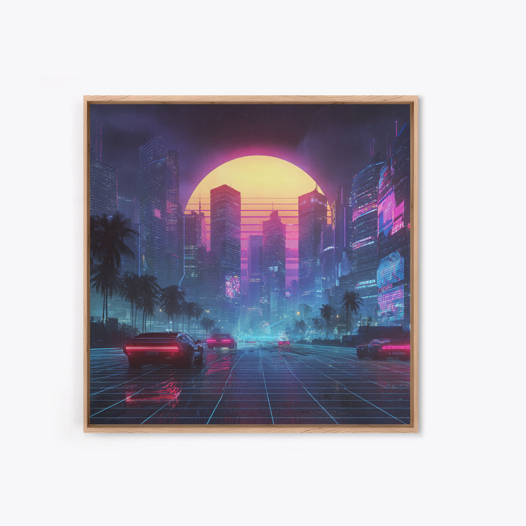 Neon Cyberpunk Cityscape With Retro Cars Wall Art Canvas Print, Futuristic Sci Fi Gaming Room Decor Modern Urban Art