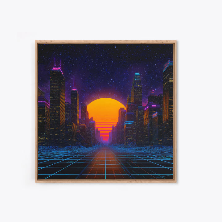Neon City Sunset Retro Futuristic Wall Art, Cyberpunk Skyline Print, Synthwave Gaming Room Decor, Vibrant Sci Fi Living Room Wall Art