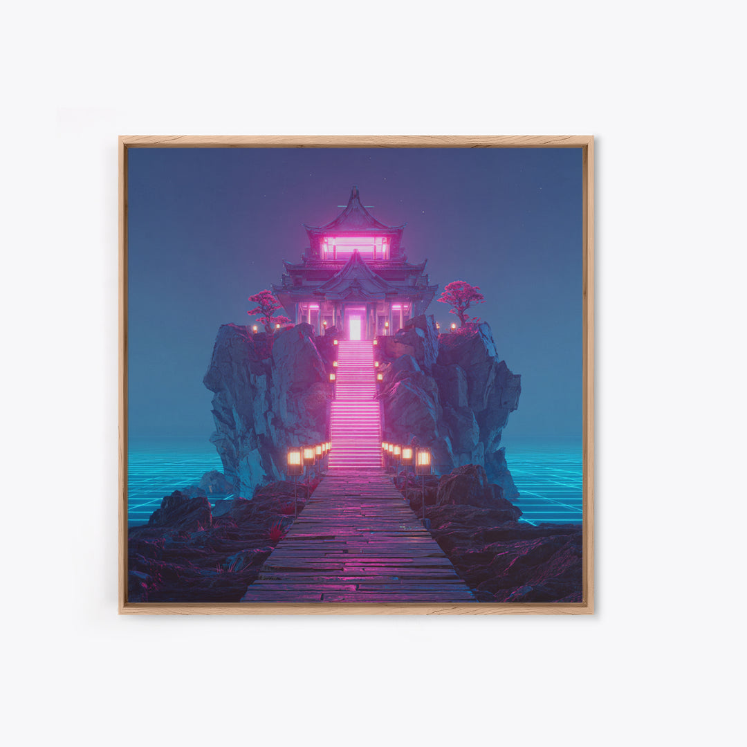 Neon Temple On Ocean Cliff Wall Art, Futuristic Fantasy Landscape Print, Surreal Zen Decor, Modern Home Decor Canvas Print