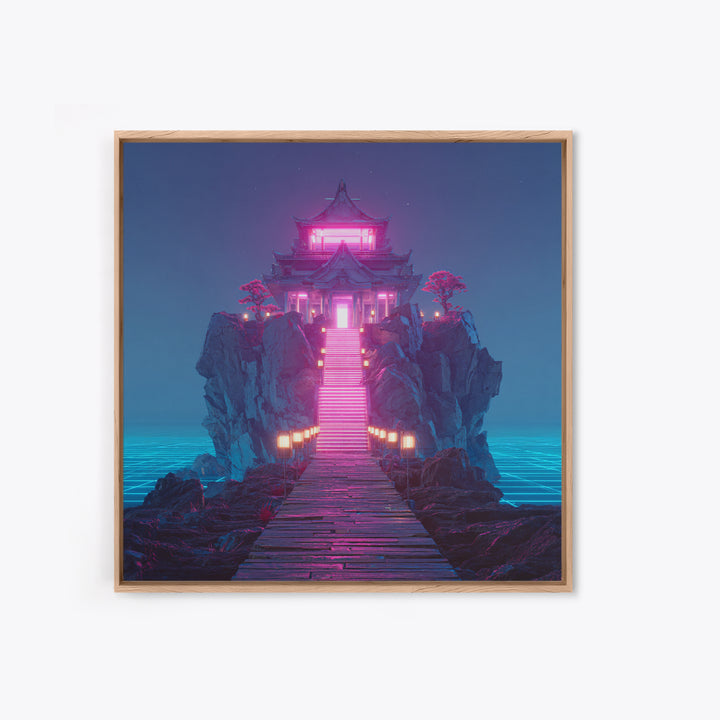 Neon Temple On Ocean Cliff Wall Art, Futuristic Fantasy Landscape Print, Surreal Zen Decor, Modern Home Decor Canvas Print