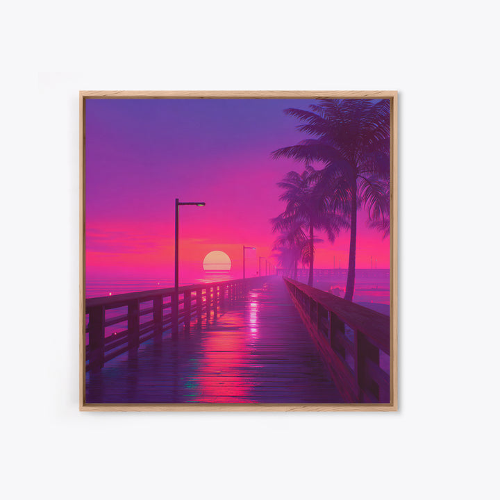 Neon Pier At Sunset With Palm Trees Wall Art, Vibrant Coastal Landscape Print, Retro Beach Home Decor Canvas Print