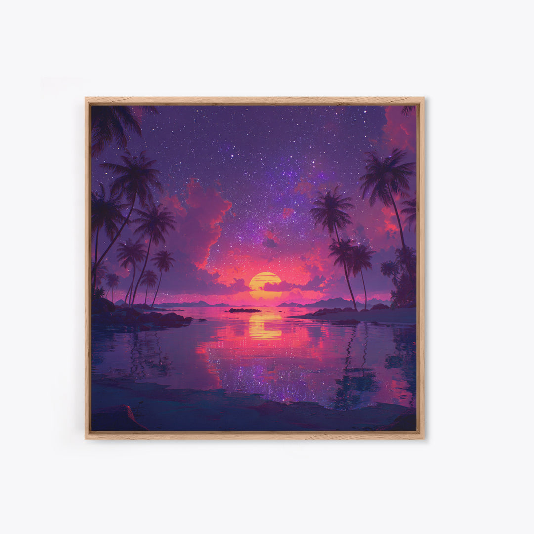 Starlit Tropical Lagoon Sunset Wall Art, Dreamy Pink Purple Coastal Landscape, Romantic Beach Canvas Print For Bedroom