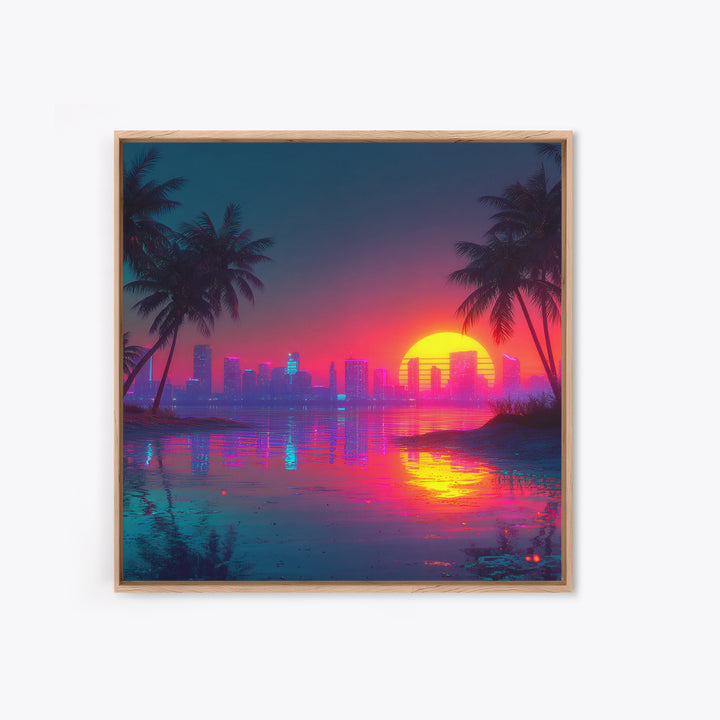 Retro Neon Beach Sunset City Skyline Wall Art Vaporwave Aesthetic Canvas Print Modern Coastal Wall Art Decor