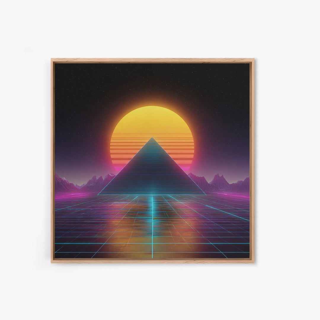 Retro Futuristic Pyramid Neon Sunset Landscape Wall Art Vaporwave Synthwave Painting Gaming Room Decor Canvas Print