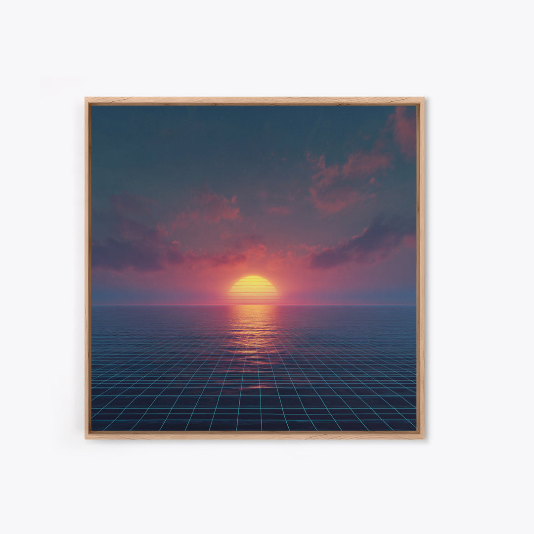 Neon Ocean Horizon Sunset Canvas Print, Retro Grid Seascape Wall Art, Futuristic Coastal Decor, Synthwave Bedroom Or Gaming Room Art