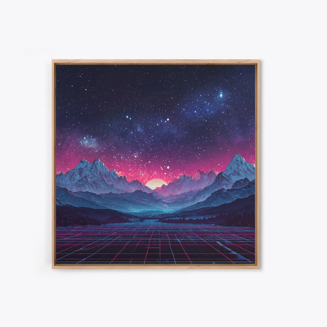 Neon Retro Mountains At Night Wall Art, Synthwave Landscape Print, Futuristic Gaming Room Decor, Vaporwave Aesthetic Wall Art