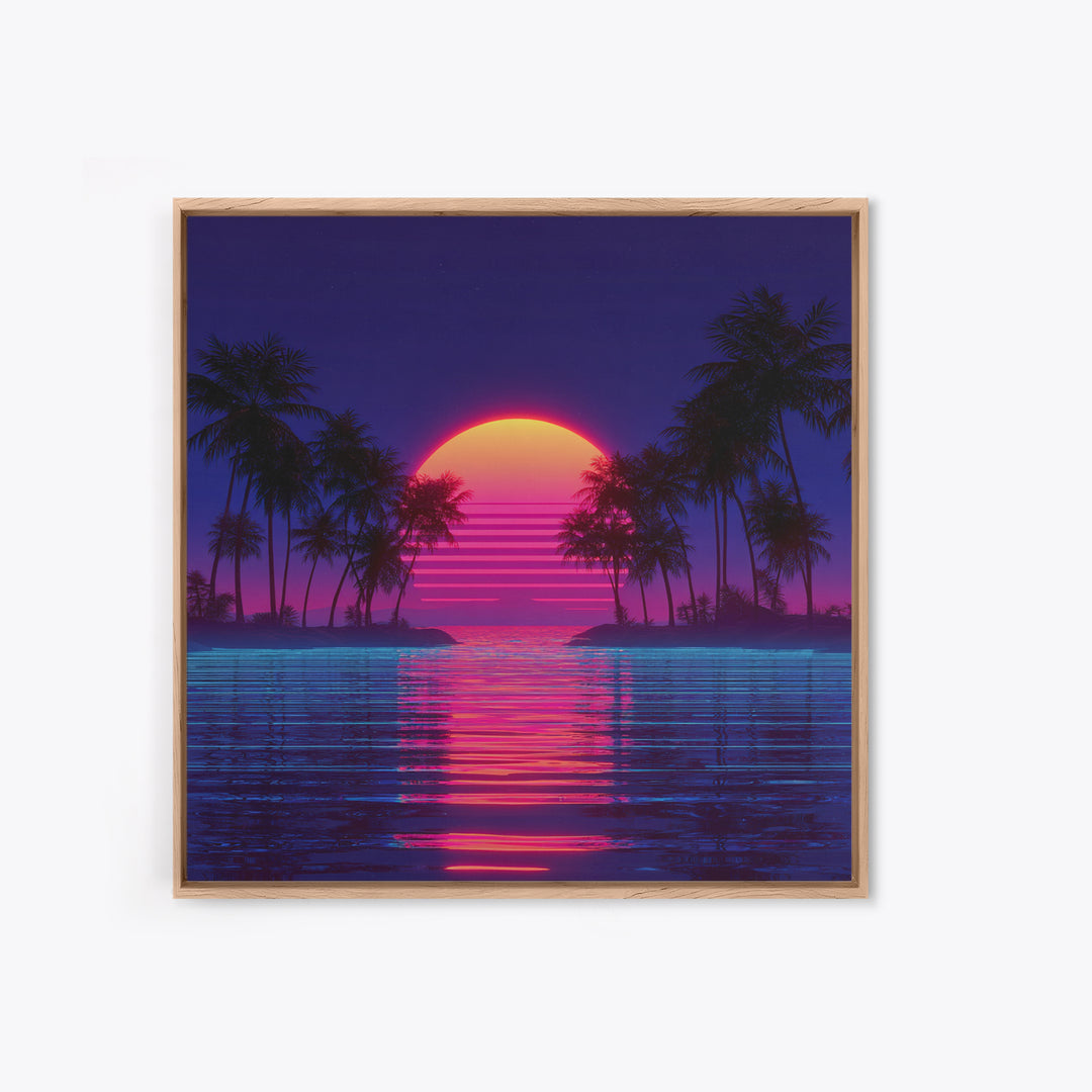 Retro Neon Island Sunset Wall Art, Synthwave Palm Tree Canvas Print, Vaporwave City Beach Decor, Futuristic Coastal Art