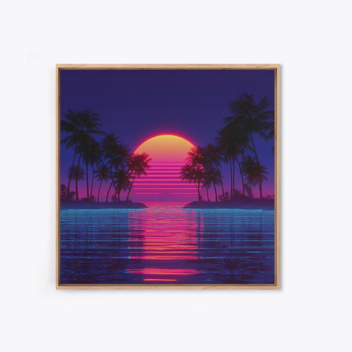 Retro Neon Island Sunset Wall Art, Synthwave Palm Tree Canvas Print, Vaporwave City Beach Decor, Futuristic Coastal Art
