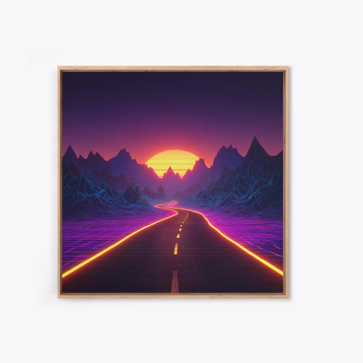 Retro Futuristic Neon Road Wall Art, Synthwave Landscape Poster, Gaming Room Decor, Vibrant 80s Style Canvas Print