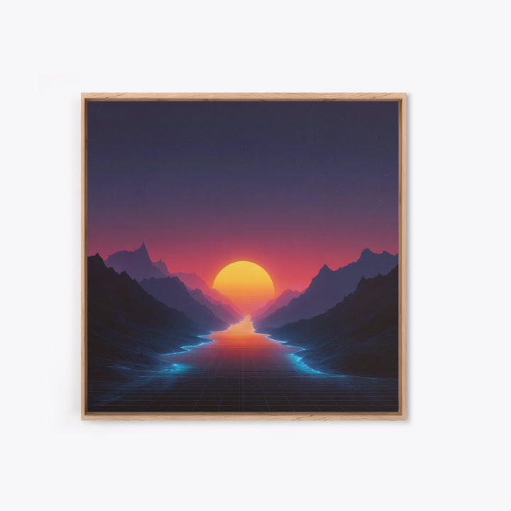 Retro Synthwave Sunset Over Neon River Wall Art, Futuristic 80s Vaporwave Landscape Canvas Print For Gaming Room
