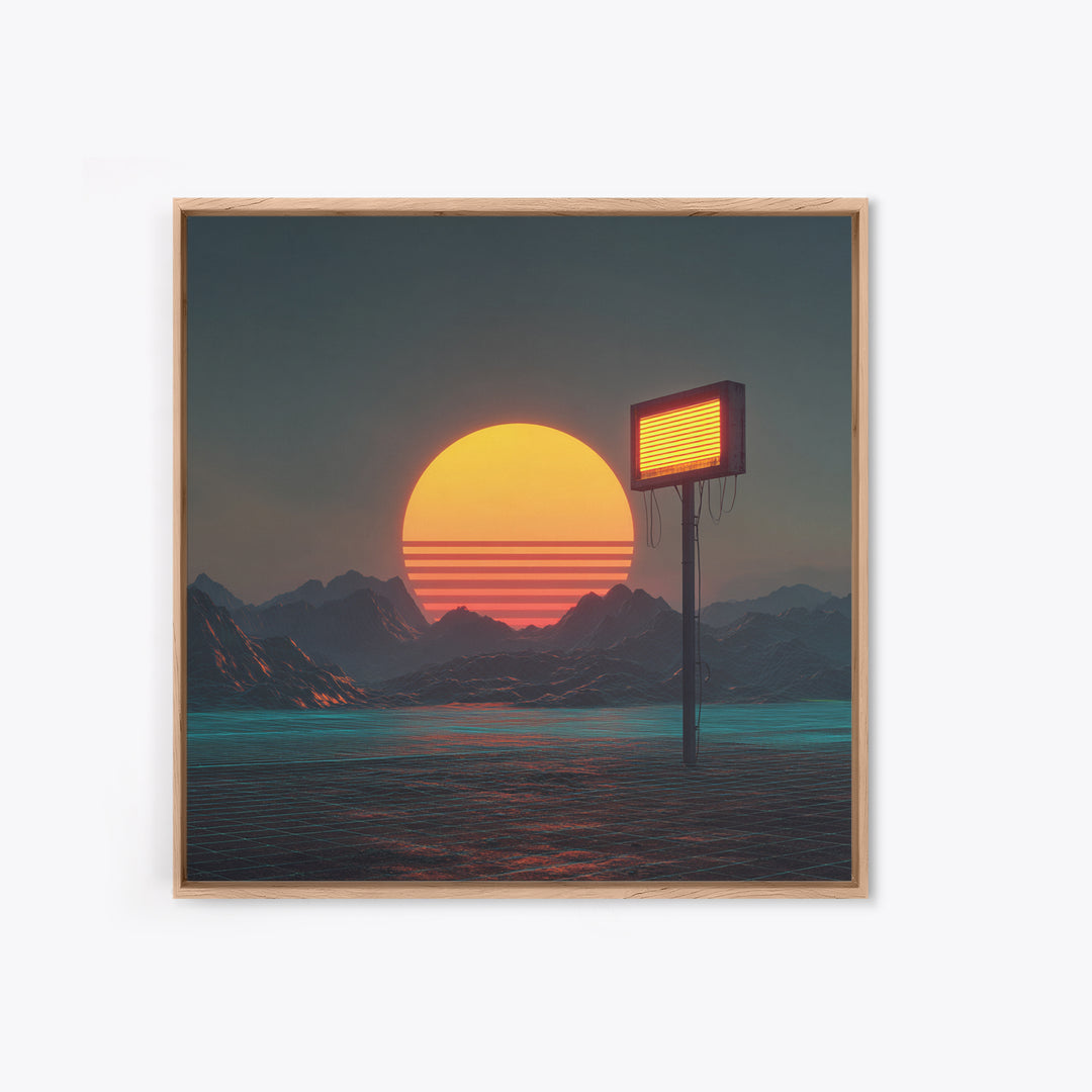 Futuristic Neon Sun Over Sci Fi Mountains Wall Art, Cyberpunk Landscape Home Decor, Retro Synthwave Canvas Print