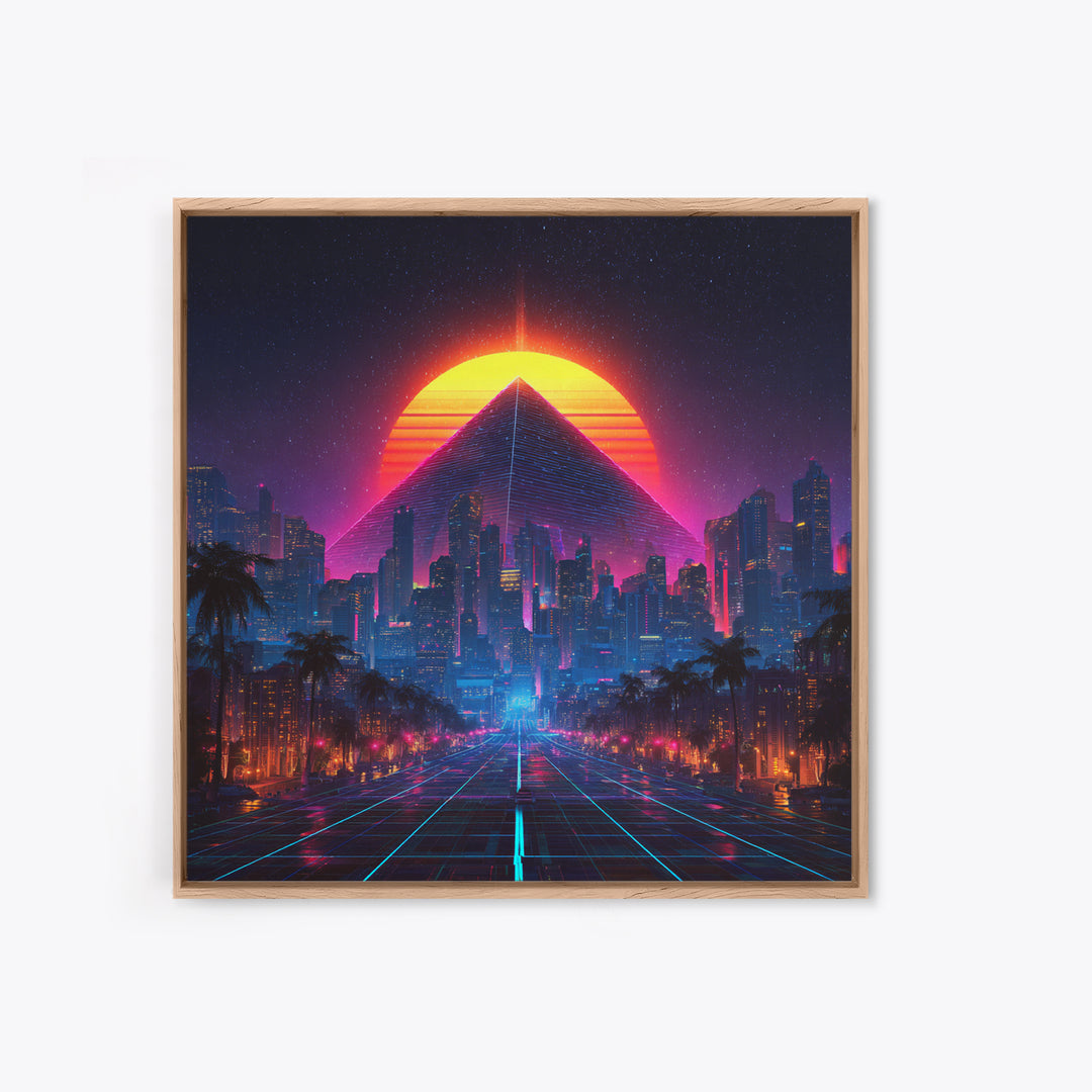 Retro Futuristic Neon City Pyramid Wall Art, Cyberpunk Sunset Canvas Print, Synthwave Gaming Room Decor, Sci Fi Art