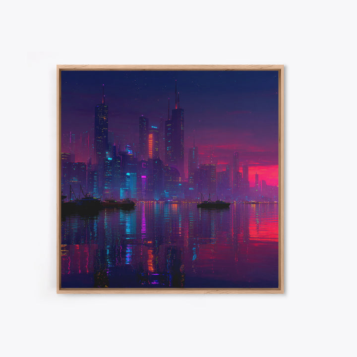 Cyberpunk Neon City Skyline Wall Art, Futuristic Night Harbor Canvas Print, Sci Fi Cityscape Decor, Gaming Room Modern Wall Art
