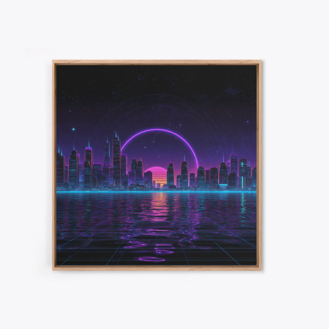 Neon City Skyline Over Water Retro Futuristic Wall Art Vaporwave Cityscape Canvas Print Gaming Room Decor
