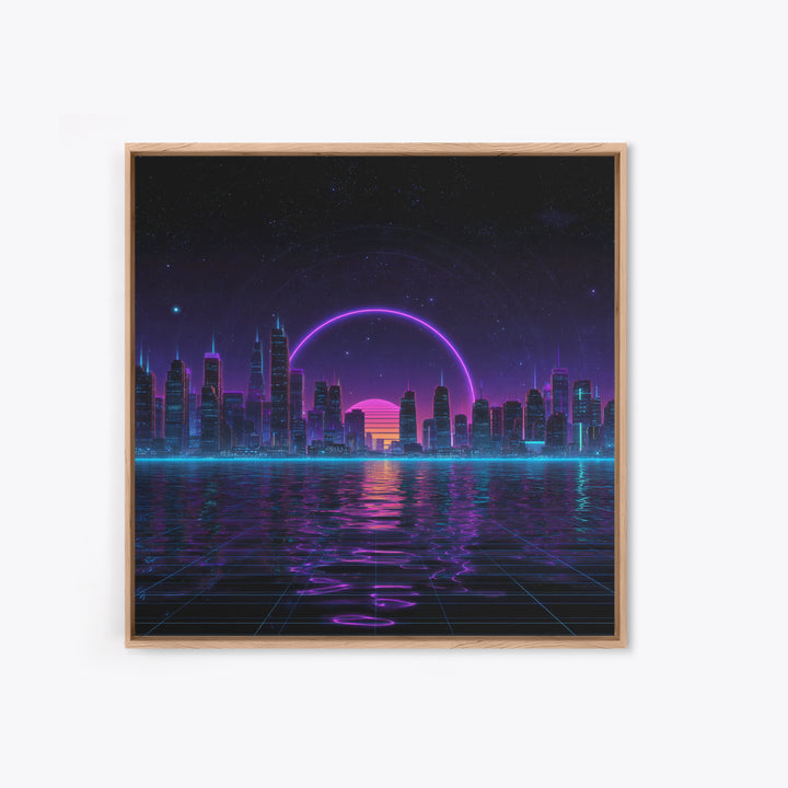 Neon City Skyline Over Water Retro Futuristic Wall Art Vaporwave Cityscape Canvas Print Gaming Room Decor
