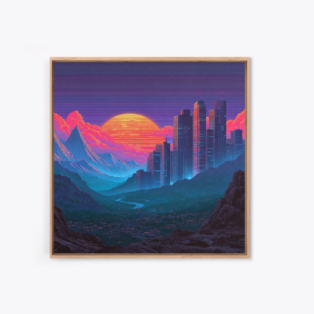 Cyberpunk City Neon Sunset Landscape Wall Art Futuristic Skyline Painting Gaming Room Decor Modern Wall Art Canvas Print