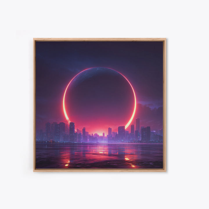 Futuristic Eclipse Cityscape Canvas Print, Neon Sci Fi Wall Art, Cyberpunk Skyline Decor For Gaming Room Or Modern Office